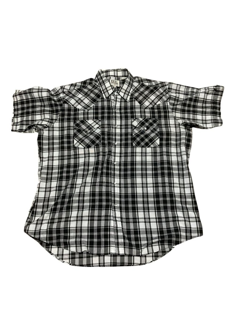 Ely Cattleman Cowboy Shirt XL Black White Plaid Pearl Snap Short Sleeve Mens